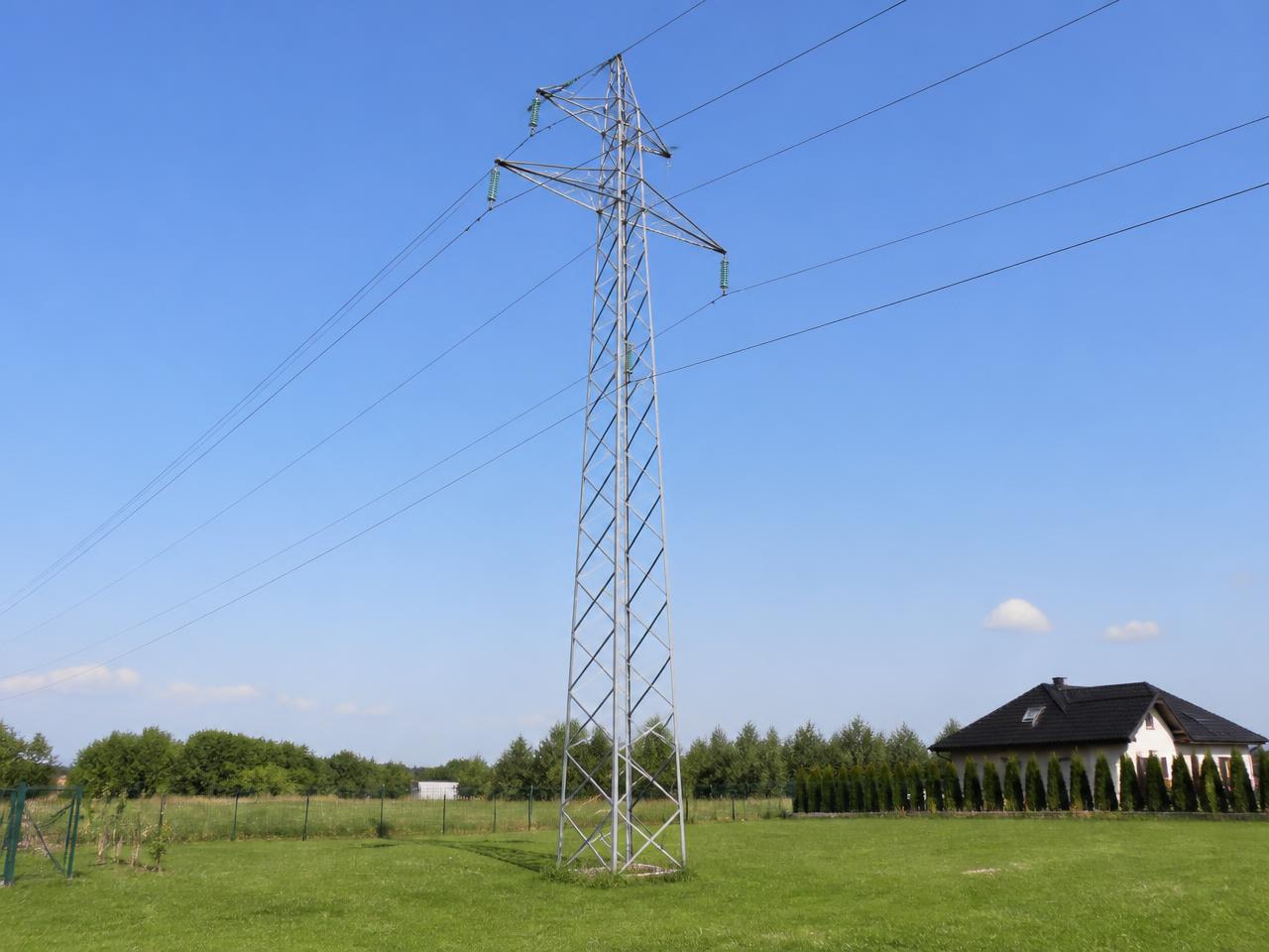 Słup energetyczny wysokiego napięcia stojący na prywatnej działce